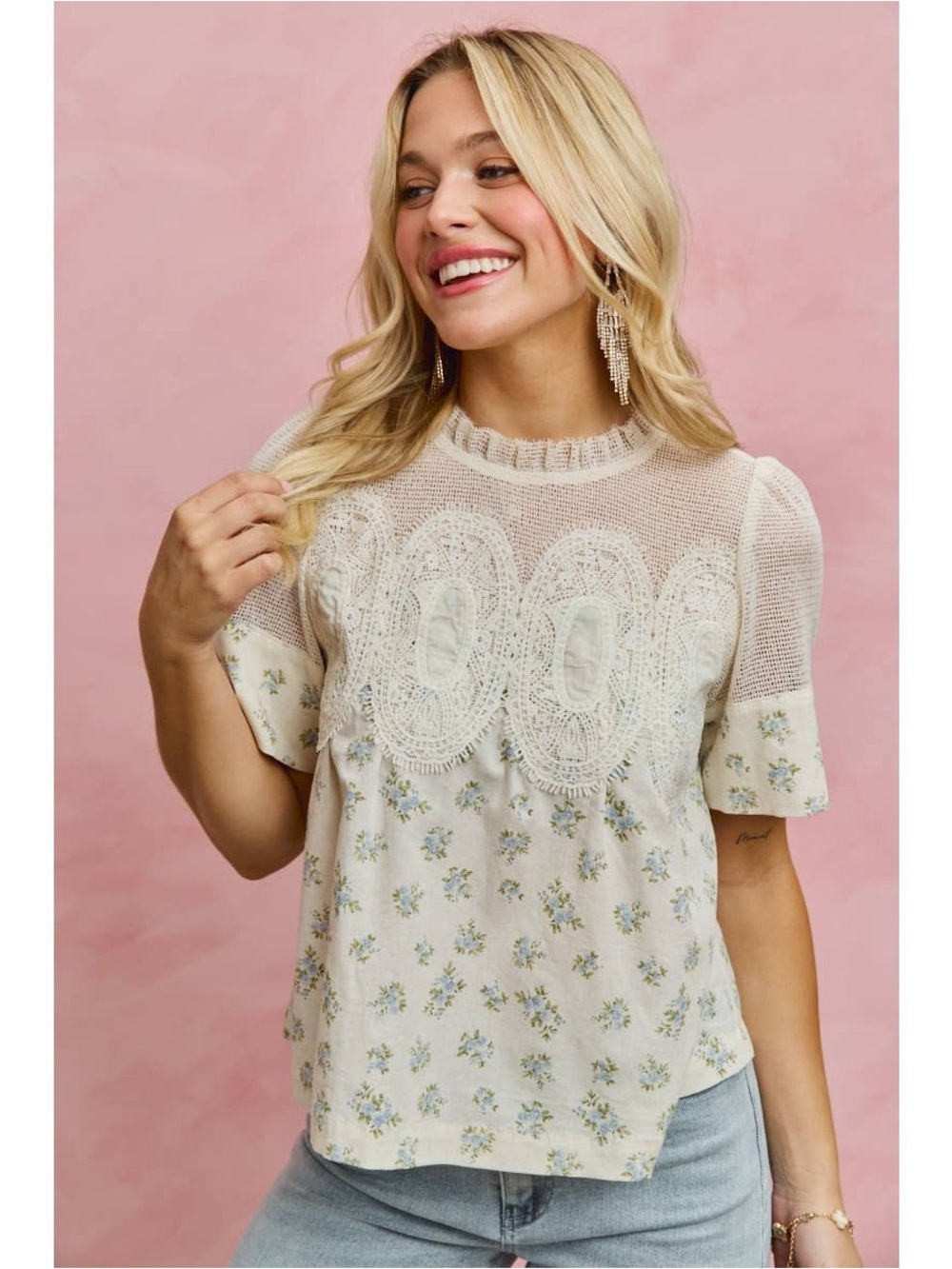 So Me BLUE FLORAL PRINT LACE TRIM COTTON BLOUSE TOP - Picture 7 of 10